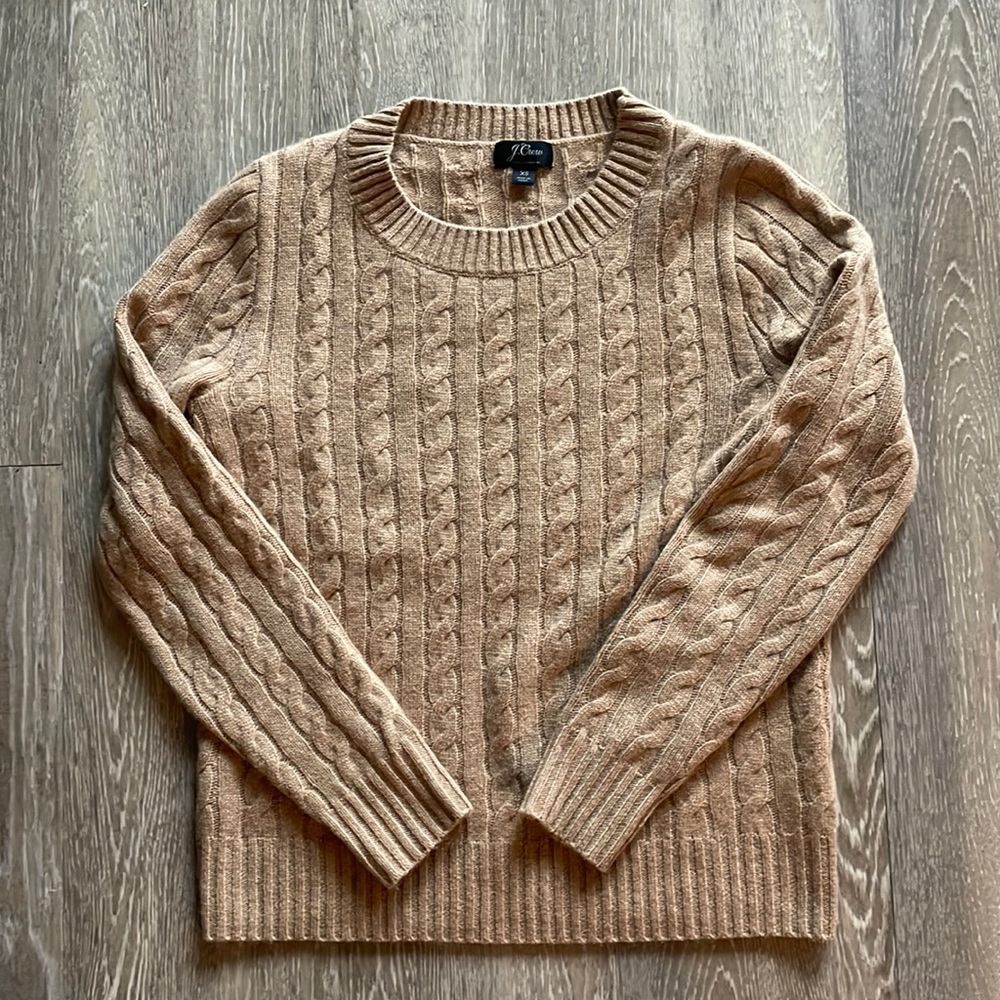 100% cashmere J.Crew camel/tan cable knit sweater, size XS